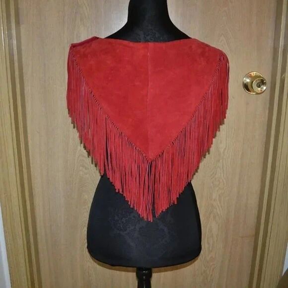 Vintage Pioneer Wear Red Genuine Leather Fringe Bib Shawl Made in USA Cowboy - Picture 4 of 11